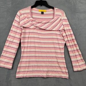 St John Striped Draped‎ Neck Long Sleeve Top Size S Pink White Purple